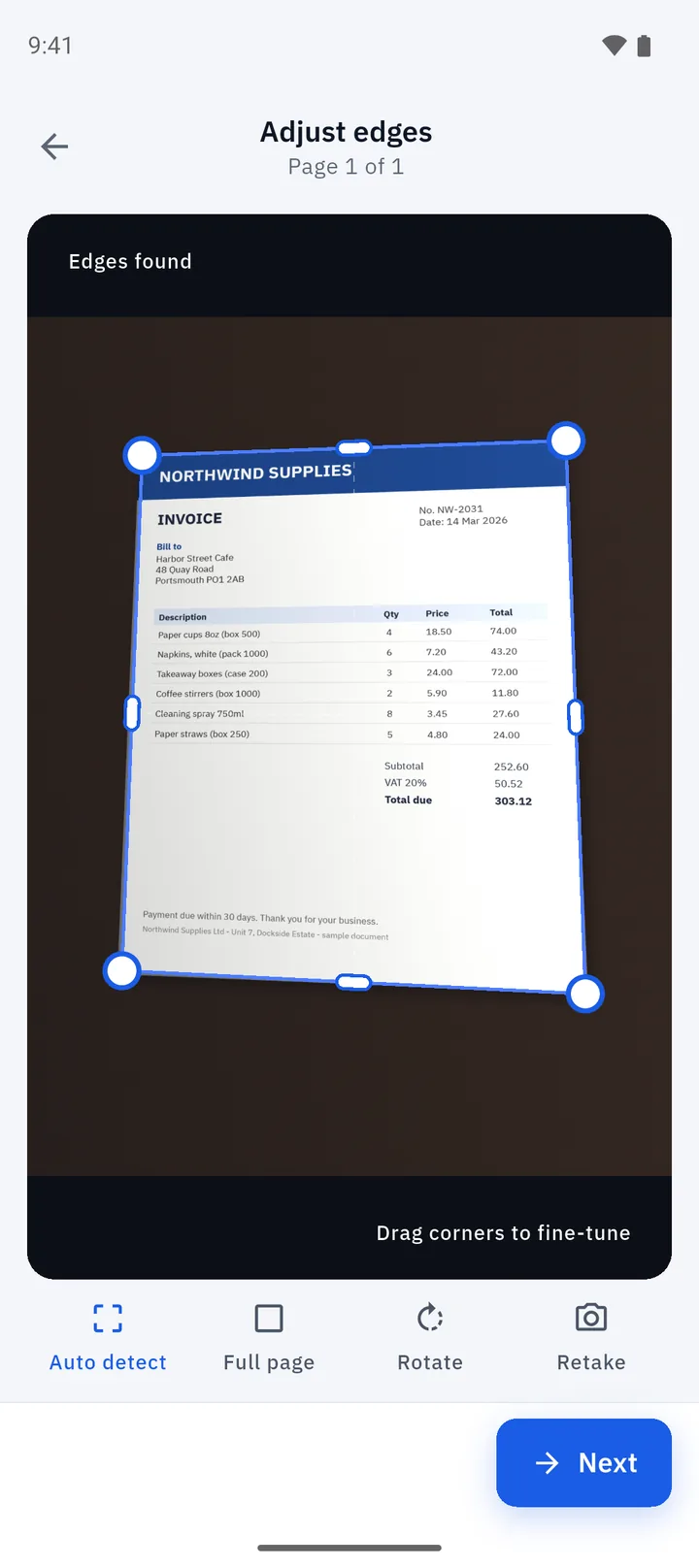 Folio's crop screen with detected edges