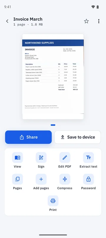 Folio document screen with an Extract text action next to Sign, Edit PDF and Pages