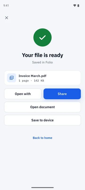 Folio screen saying Your file is ready with Open with, Share, Open document and Save to device buttons