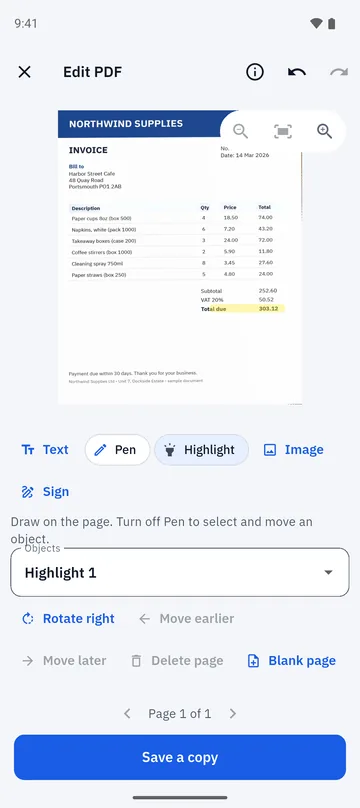 Folio Edit PDF screen with a highlight on an invoice