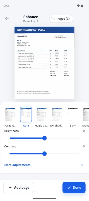 Folio enhance screen with filter choices and sliders