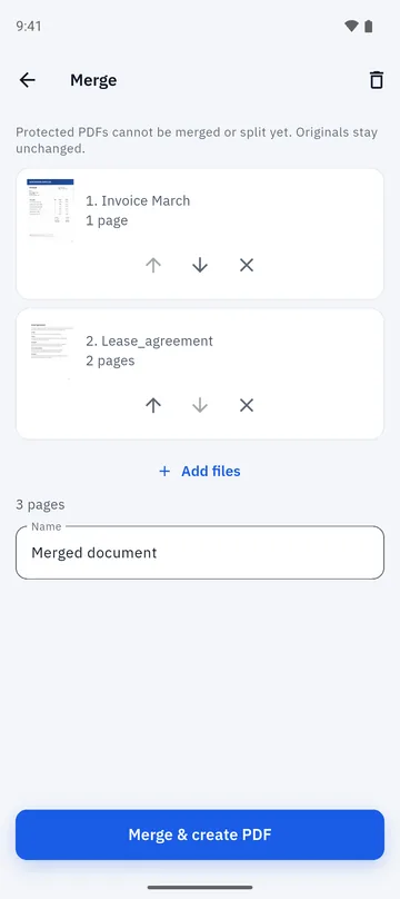 Folio Merge screen showing an invoice and a lease agreement ready to be merged into one three-page document