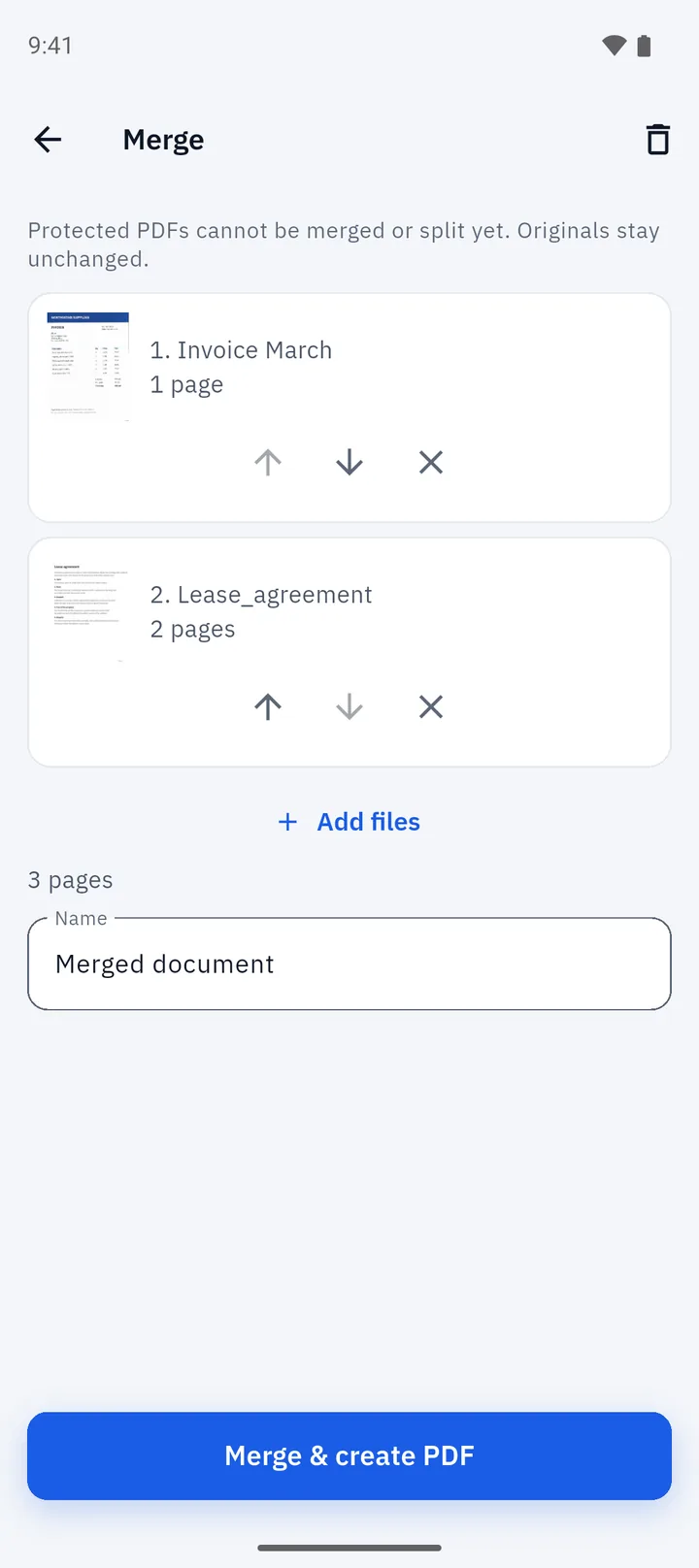 Folio's Merge screen with two files in order