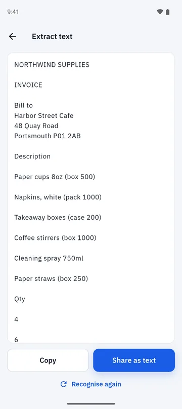 Folio Extract text screen with the recognised words of an invoice