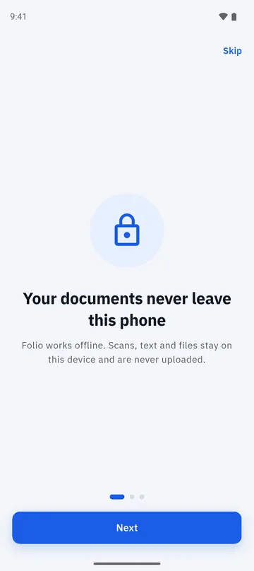 Folio first-run card saying Your documents never leave this phone