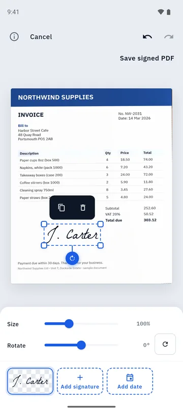 Folio sign screen with a typed signature placed on an invoice