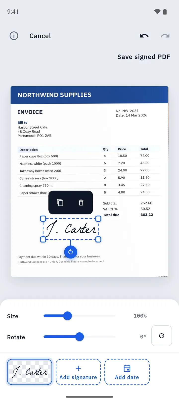 Folio's sign screen with a typed signature placed on an invoice