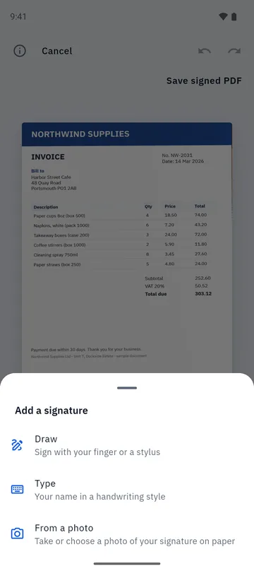 Folio Add a signature sheet listing Draw, Type and From a photo over a document being signed