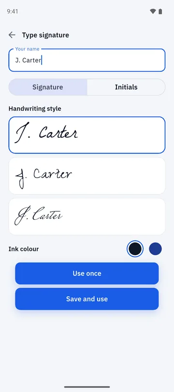 Folio Type signature screen with the name J. Carter shown in three handwriting styles and an ink colour choice