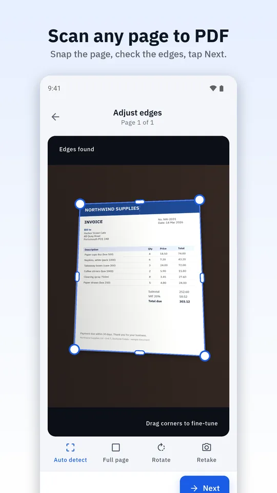 Folio screenshot: scan any page to PDF